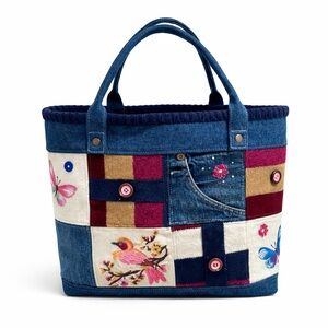 Handmade Denim Patchwork Tote Bag, tote bag Embroidered Bird, One of a Kind